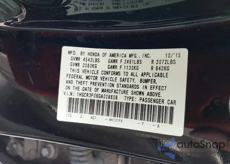 2016 Honda Accord Ex-L V-6 from USA, damaged, VIN 1HGCR3F06GA008606